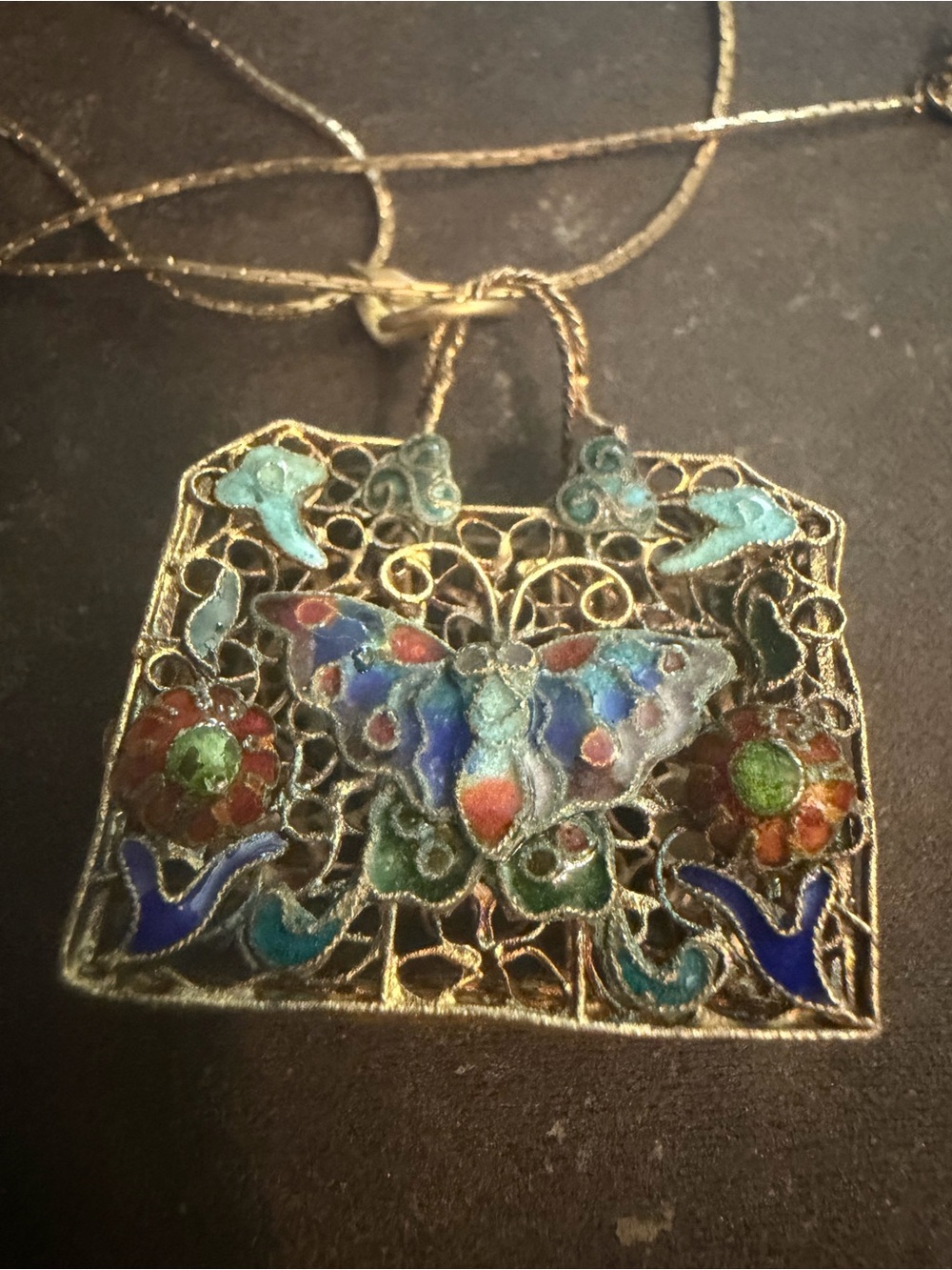 Monet Gold-Tone Filigree Butterfly Enamel Pendant Necklace — Blue, Green, Red